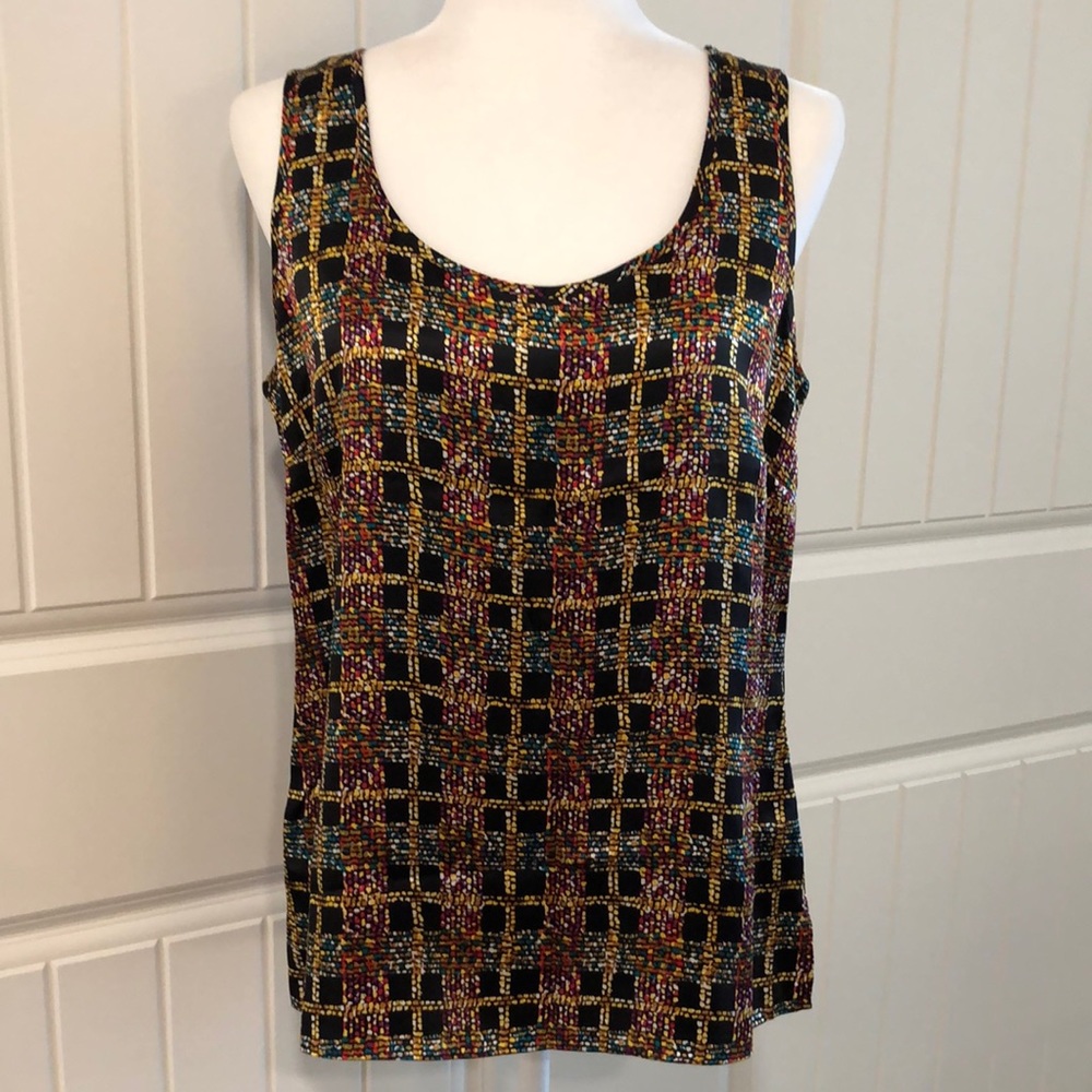 Talbots Silk Black Abstract Plaid Sleeveless Shell Blouse